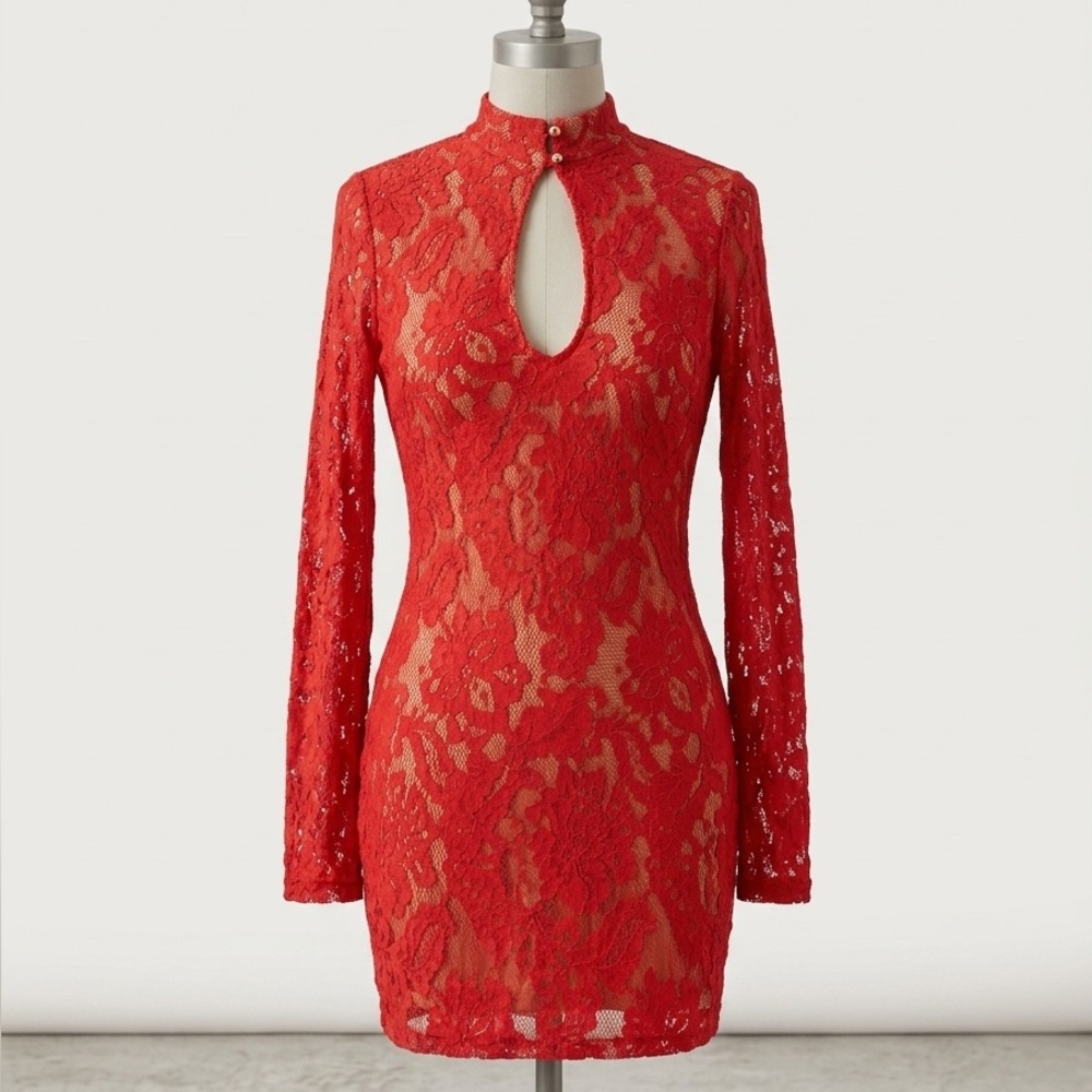 Red Lace Long-Sleeve Keyhole Mini Dress by